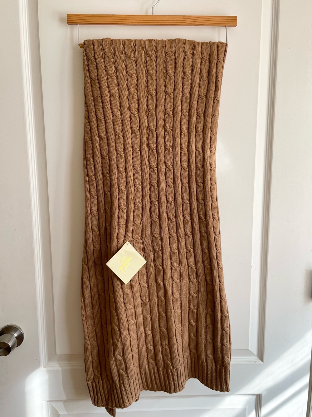 Lauren Ralph Lauren Cable Knit Throw Blanket - 100% Cotton Camel 50x70” New
